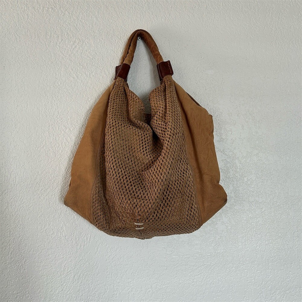 49 Square Miles Nubuck Leather Slouchy Hobo Shoulder Bag Perforated Tan Tote - Picture 8 of 14